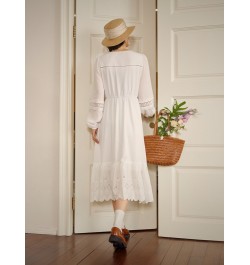 100% Cotton White Temperament Casual Dress Holiday Style V-Neck Waist Dress Long Sleeve Patchwork Design A-LINE Skirts $106.6...