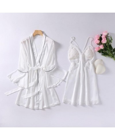Summer Women Kimono Bathrobe Gown Sexy Hollow Out Lace White Wedding Robe Set Sleepwear Soft Thin Faux Silk Nightgown Home We...