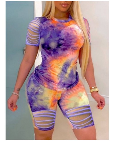 Plus Size Two pices set Casual O Neck Tie Dye Broken Holes Purple Two-piece Shorts Set Lady Daily Streetwear Outfits $45.51 -...
