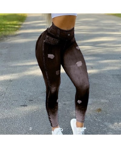 Running Leggings Fashion High Waist Faux Denim Jean Leggings Slim Elastic Seamless Skinny Pencil Pant Female Workout $20.42 -...