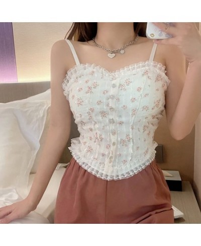 Sexy Lace Crop Tops Women Floral Camis Tanks Pearl Button Elegant Bustier Corsets Top Chic Short Camisole $18.93 - Tops & Tees