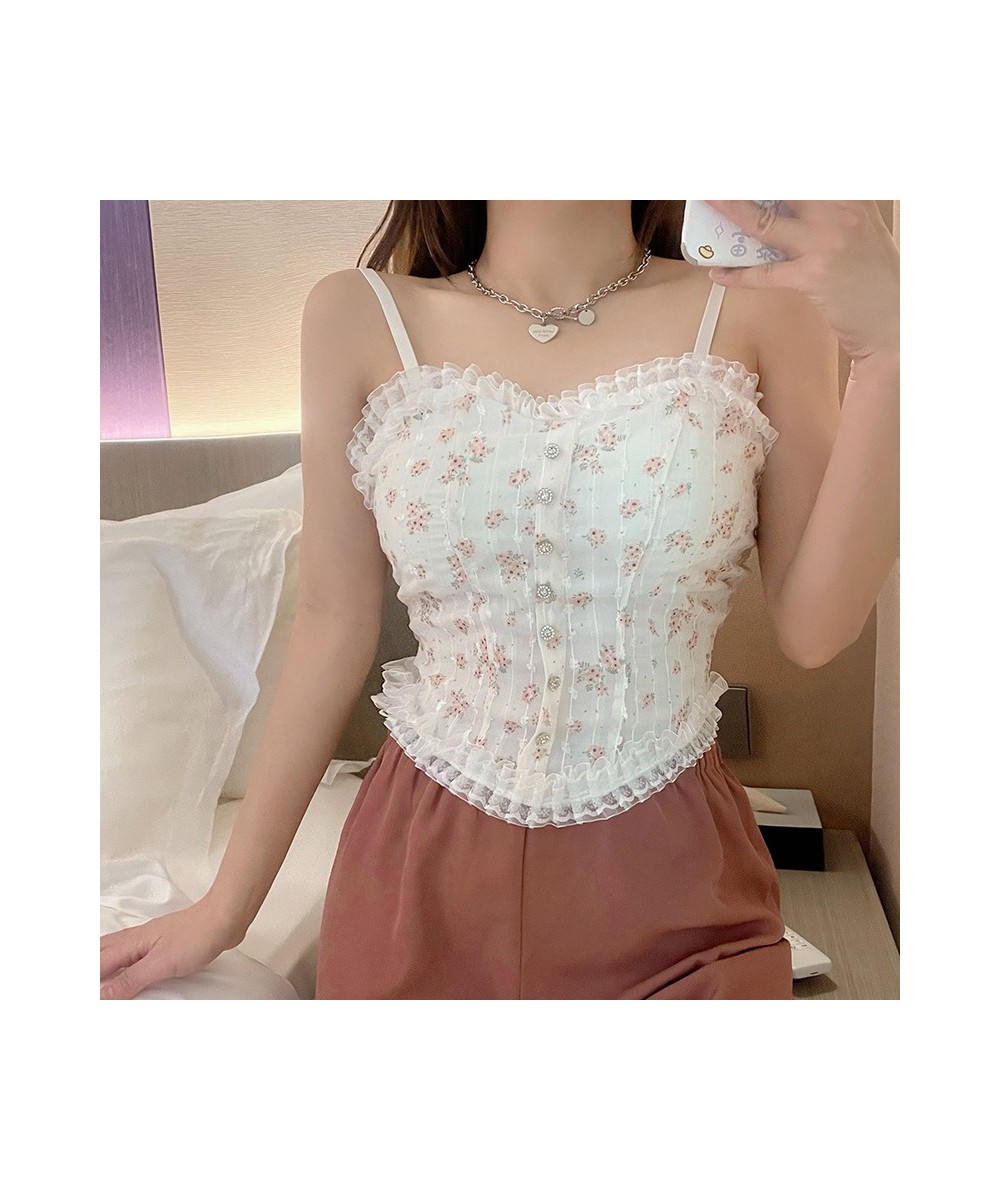 Sexy Lace Crop Tops Women Floral Camis Tanks Pearl Button Elegant Bustier Corsets Top Chic Short Camisole $18.93 - Tops & Tees