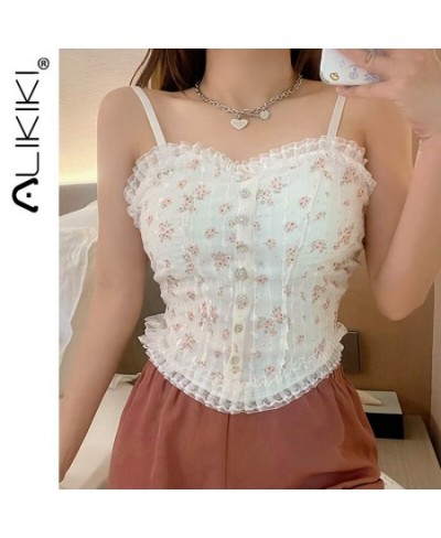 Sexy Lace Crop Tops Women Floral Camis Tanks Pearl Button Elegant Bustier Corsets Top Chic Short Camisole $18.93 - Tops & Tees