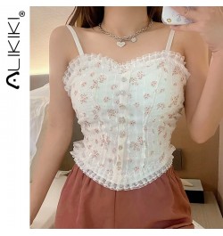 Sexy Lace Crop Tops Women Floral Camis Tanks Pearl Button Elegant Bustier Corsets Top Chic Short Camisole $18.93 - Tops & Tees