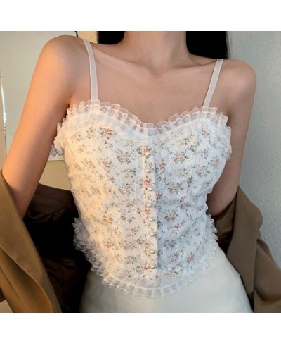 Sexy Lace Crop Tops Women Floral Camis Tanks Pearl Button Elegant Bustier Corsets Top Chic Short Camisole $18.93 - Tops & Tees