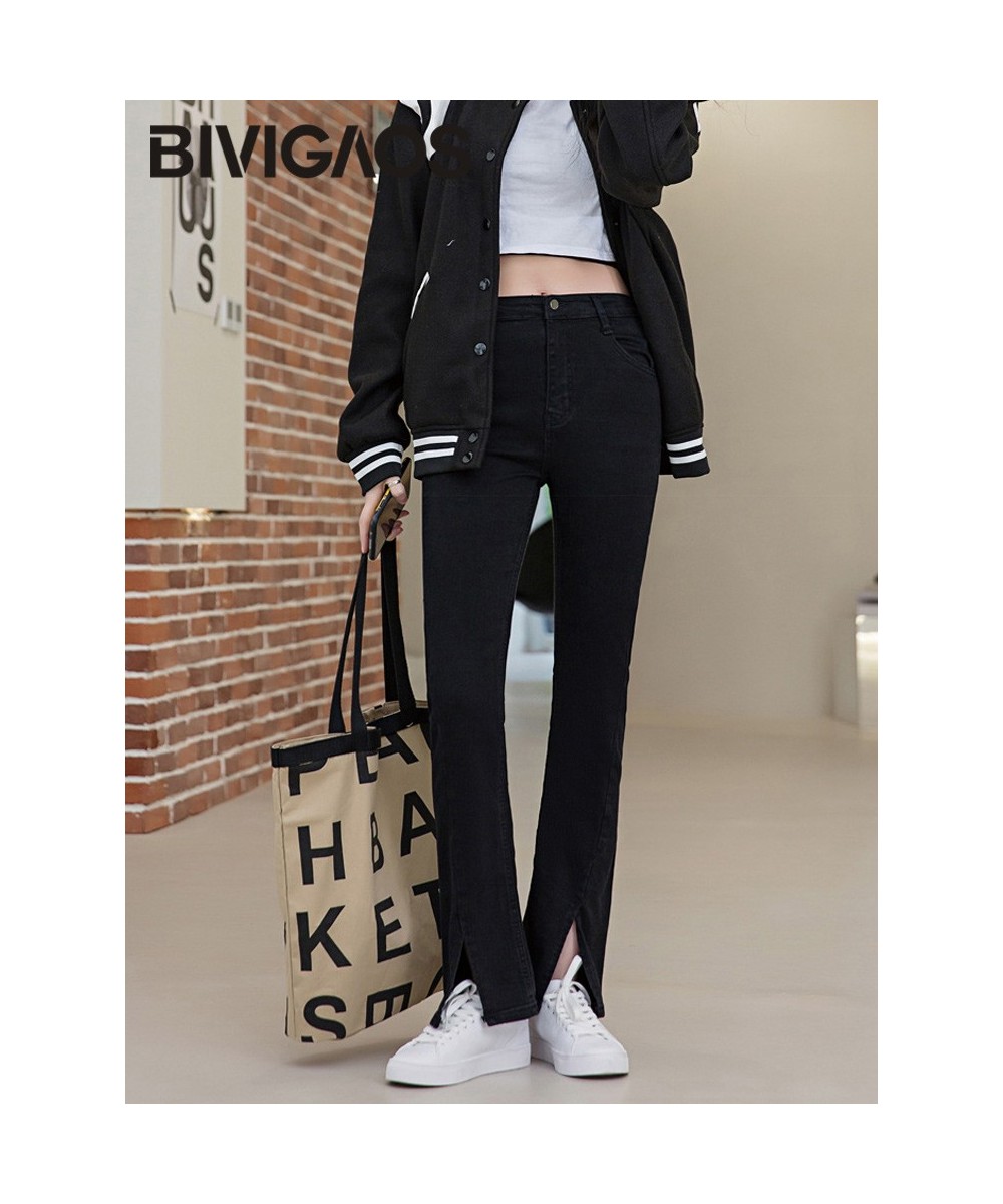 Spring Summer New High Waist Split Stretch Jeans Micro Flared Pants Women Slim Jeans Button Zipper Casual Denim Pants $59.21 ...