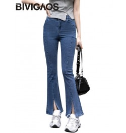 Spring Summer New High Waist Split Stretch Jeans Micro Flared Pants Women Slim Jeans Button Zipper Casual Denim Pants $59.21 ...