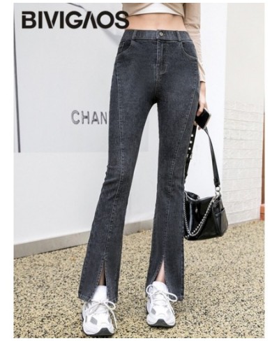 Spring Summer New High Waist Split Stretch Jeans Micro Flared Pants Women Slim Jeans Button Zipper Casual Denim Pants $59.21 ...