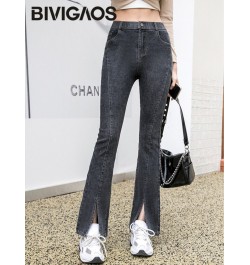 Spring Summer New High Waist Split Stretch Jeans Micro Flared Pants Women Slim Jeans Button Zipper Casual Denim Pants $59.21 ...