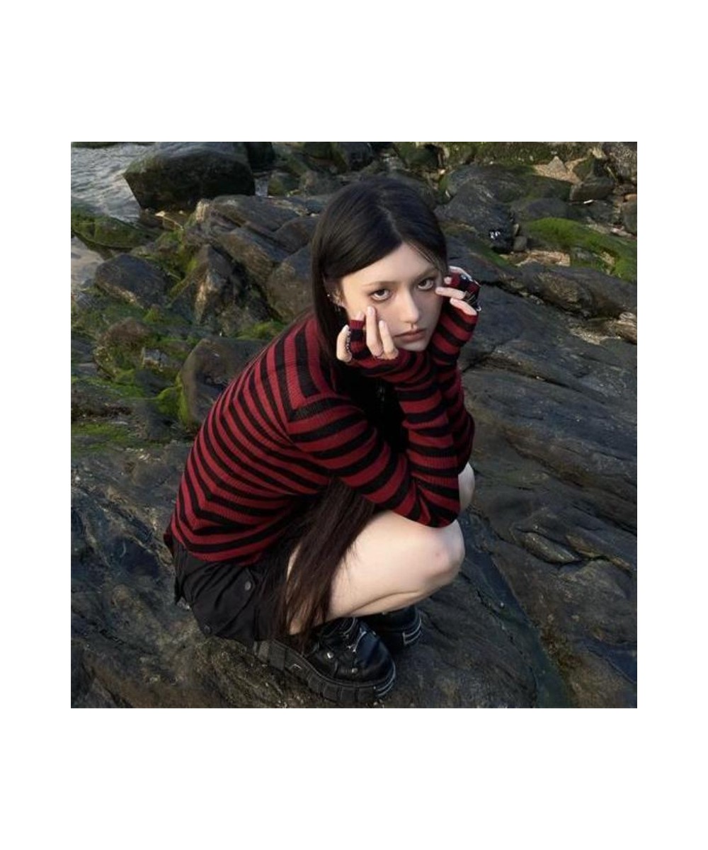 Red Striped Pullovers Gothic Y2k Clothes Emo Girls Long Sleeve Asymmetrical Harajuku Slim Kawaii Retro Pull Femme Sweaters Ch...