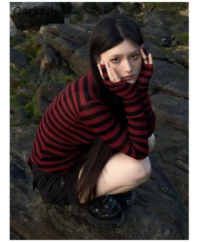 Red Striped Pullovers Gothic Y2k Clothes Emo Girls Long Sleeve Asymmetrical Harajuku Slim Kawaii Retro Pull Femme Sweaters Ch...