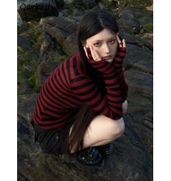 Red Striped Pullovers Gothic Y2k Clothes Emo Girls Long Sleeve Asymmetrical Harajuku Slim Kawaii Retro Pull Femme Sweaters Ch...