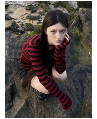 Red Striped Pullovers Gothic Y2k Clothes Emo Girls Long Sleeve Asymmetrical Harajuku Slim Kawaii Retro Pull Femme Sweaters Ch...