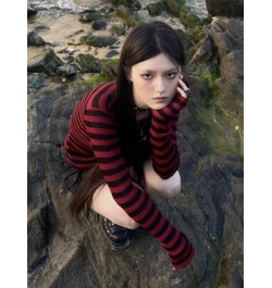 Red Striped Pullovers Gothic Y2k Clothes Emo Girls Long Sleeve Asymmetrical Harajuku Slim Kawaii Retro Pull Femme Sweaters Ch...