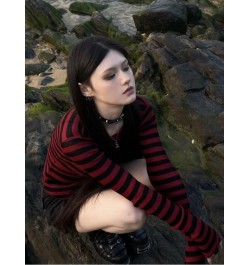 Red Striped Pullovers Gothic Y2k Clothes Emo Girls Long Sleeve Asymmetrical Harajuku Slim Kawaii Retro Pull Femme Sweaters Ch...