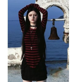 Red Striped Pullovers Gothic Y2k Clothes Emo Girls Long Sleeve Asymmetrical Harajuku Slim Kawaii Retro Pull Femme Sweaters Ch...