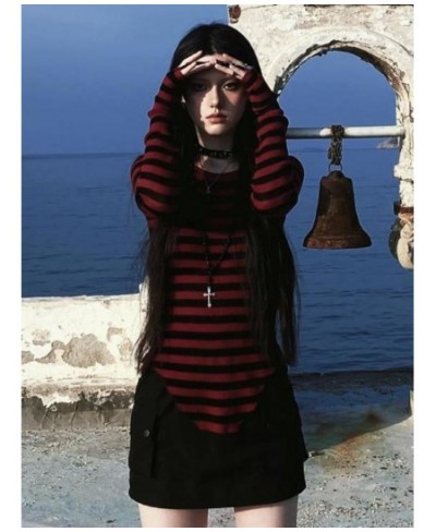 Red Striped Pullovers Gothic Y2k Clothes Emo Girls Long Sleeve Asymmetrical Harajuku Slim Kawaii Retro Pull Femme Sweaters Ch...