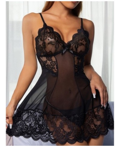 Women Sexy Nightdress Dresses Deep-V Erotic Lingerie Lace Slik Transparent Nightwear with Panties Female Nightgown Sleepdress...