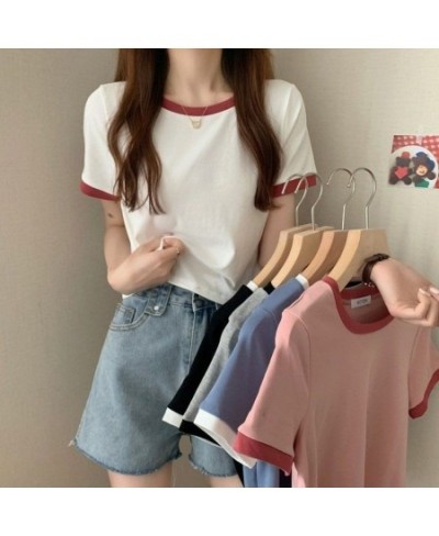 In 2022 the new summer bottoming shirt Korean version of slim short student shirt tide contrast color round neck short sleeve...