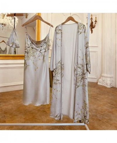 Cherry Print Women's Bathrobe Suit 2 Pcs Satin Autumn Ladies Pajama Set Robe And Nightdress Ice Silk Nightwear For Female $45...