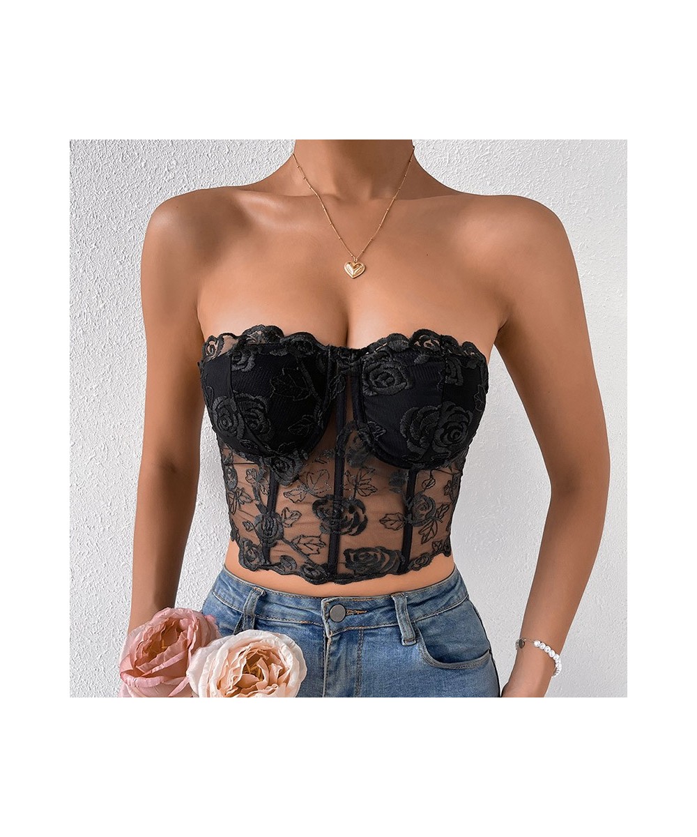 Summer Sexy Women's Floral Lace Corset Strapless Sleeveless Streetwearcrop Tops Tank Top Tube Top Lace Steel Ring Bra $21.94 ...