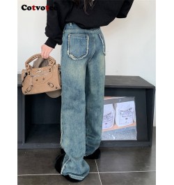 High Waisted Jeans for Women Vintage Fleece Baggy Korean Chic Straight Wide Leg Jeans Spring 2023 New Full Length Jeans $61.6...