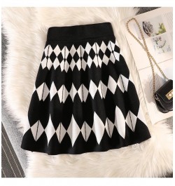 Winter Knit Short Skirt Women High Waist Plaid Sweater Skirts Vintage Elastic Knitting A-line Casual Mini Skirt Y2k Streetwea...