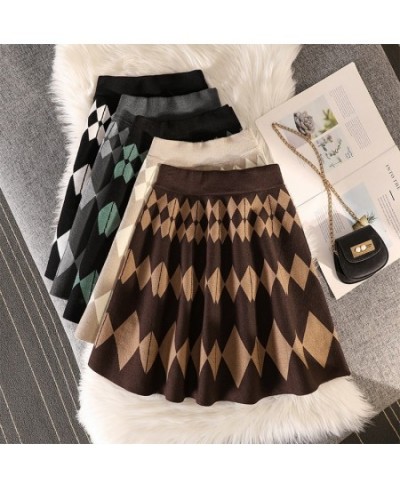 Winter Knit Short Skirt Women High Waist Plaid Sweater Skirts Vintage Elastic Knitting A-line Casual Mini Skirt Y2k Streetwea...