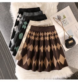 Winter Knit Short Skirt Women High Waist Plaid Sweater Skirts Vintage Elastic Knitting A-line Casual Mini Skirt Y2k Streetwea...