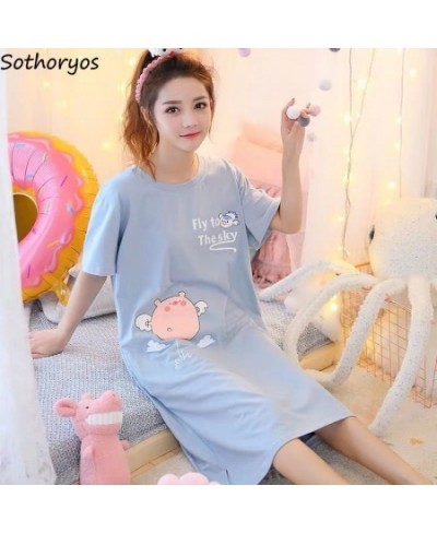 Nightgowns Women Printed Side-slit Stylish Kawaii Cartoon Stylish Loose Chic Sweet Korean Style Womens Sleepshirts Homewear $...