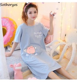 Nightgowns Women Printed Side-slit Stylish Kawaii Cartoon Stylish Loose Chic Sweet Korean Style Womens Sleepshirts Homewear $...