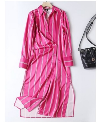 2022 Fashion Women Striped Buttons Shirt Dress Long Sleeve Office Ladies Midi Dress $56.22 - Dresses