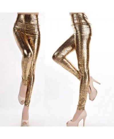 Lady fashion slim leggings High Waist Skinny legging women black gold snake printed pant small size faux leather pants $23.89...