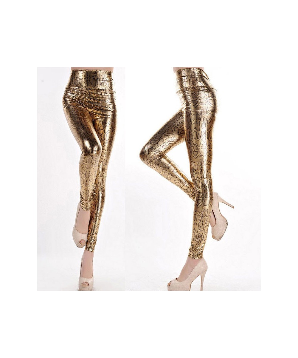 Lady fashion slim leggings High Waist Skinny legging women black gold snake printed pant small size faux leather pants $23.89...