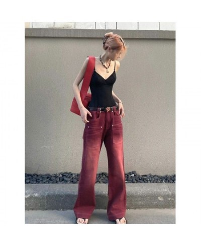Mingliusili Women'S Red Jeans Autumn New Vintage Red Wash Distressed Straight Jeans Versatile Loose Pants $45.40 - Jeans