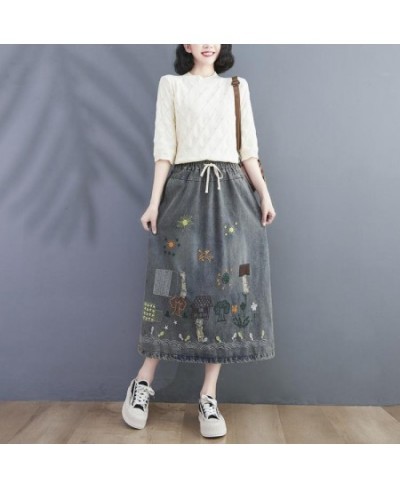 2023 Spring Autumn New Arts Style Women Elastic Waist Loose A-line Long Skirt Vintage Embroidery Cotton Denim Skirts C676 $55...