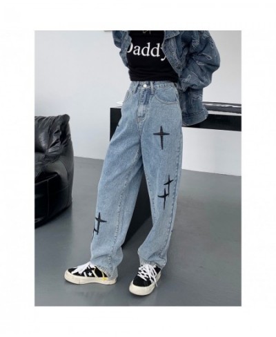 Streetwear Cross Embroidery Jeans Woman High Waist Y2k Straight Pants Korean Fashion Women's Jeans 2023 Trend Trousers $46.04...