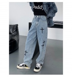 Streetwear Cross Embroidery Jeans Woman High Waist Y2k Straight Pants Korean Fashion Women's Jeans 2023 Trend Trousers $46.04...