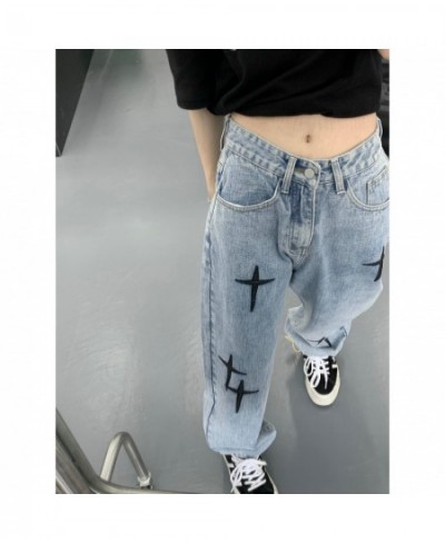 Streetwear Cross Embroidery Jeans Woman High Waist Y2k Straight Pants Korean Fashion Women's Jeans 2023 Trend Trousers $46.04...