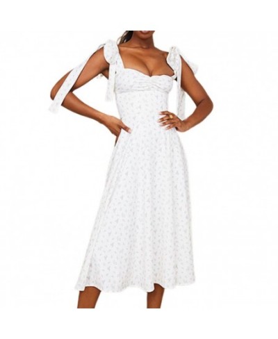Square Collar Pleated Split Hem Lady Dress Summer Floral Print Sling Midi Dress for Daily Wear $33.71 - Dresses