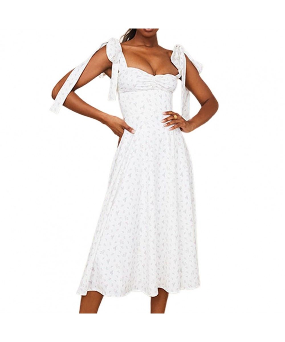 Square Collar Pleated Split Hem Lady Dress Summer Floral Print Sling Midi Dress for Daily Wear $33.71 - Dresses