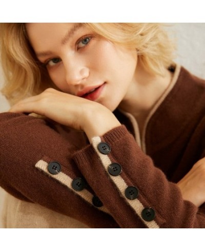 Autumn / Winter 100% Pure Wool Women's Stand-up Collar Cardigan Casual Knit Color-blocking Tops Plus Size Female Cashmere $10...