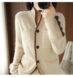 Autumn / Winter 100% Pure Wool Women's Stand-up Collar Cardigan Casual Knit Color-blocking Tops Plus Size Female Cashmere $10...