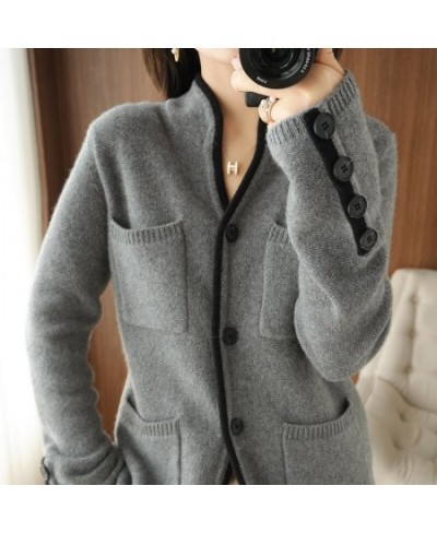 Autumn / Winter 100% Pure Wool Women's Stand-up Collar Cardigan Casual Knit Color-blocking Tops Plus Size Female Cashmere $10...