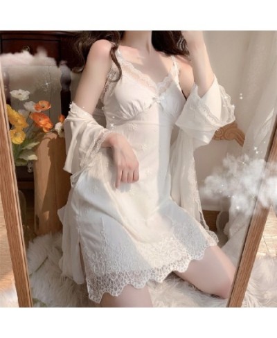 White Silk Pajamas Set Women 2PCS Bride Wedding Robe Nightgown Sexy Lace Chemise Sleepwear Kimono Bathrobe Gown Lingerie $45....