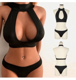 Sexy Lingerie For Women Solid Black Choker Collar Halter Crop Tops Porn Underwear Panties Cut Out Open Bra Set Lenceria $14.8...