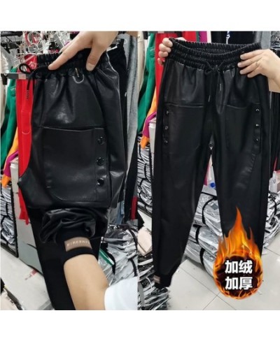 Black winter warm thick PU leather high waist Women's Capris harem pants for women baggy pants woman trousers $48.10 - Pants ...