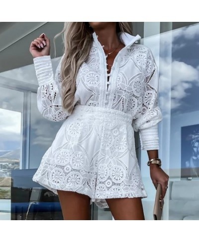 Hook Flower hollow Lace Shorts Matching Suit Elegant Office Women Solid Two Piece Set Slim Fit Long Sleeve Mini Shorts Lady $...