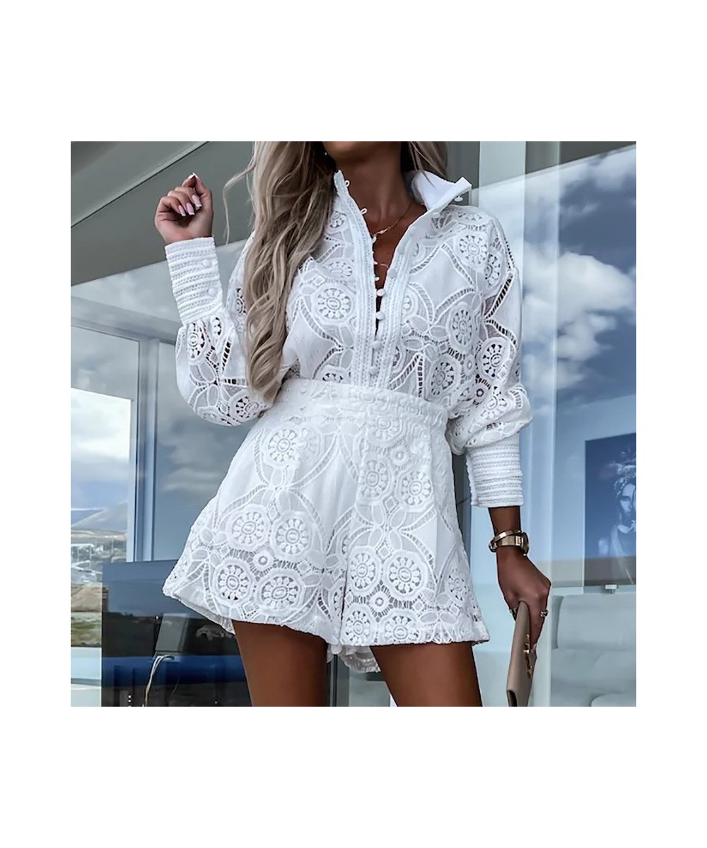 Hook Flower hollow Lace Shorts Matching Suit Elegant Office Women Solid Two Piece Set Slim Fit Long Sleeve Mini Shorts Lady $...