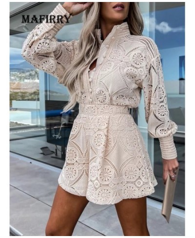 Hook Flower hollow Lace Shorts Matching Suit Elegant Office Women Solid Two Piece Set Slim Fit Long Sleeve Mini Shorts Lady $...